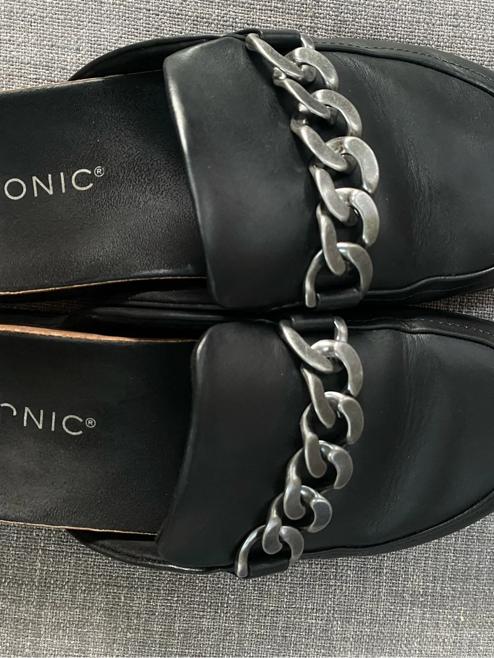 Vionic Black Slip-On Mules with Silver Chain Accent